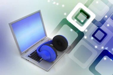 Dizüstü bilgisayar ile Kulaklık 3d illüstrasyon