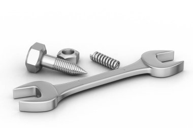 Beyaz arka planda cıvata somunu ve anahtar