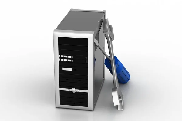 白い背景のコンピュータ修理サービスコンセプトの3Dイラスト — ストック写真