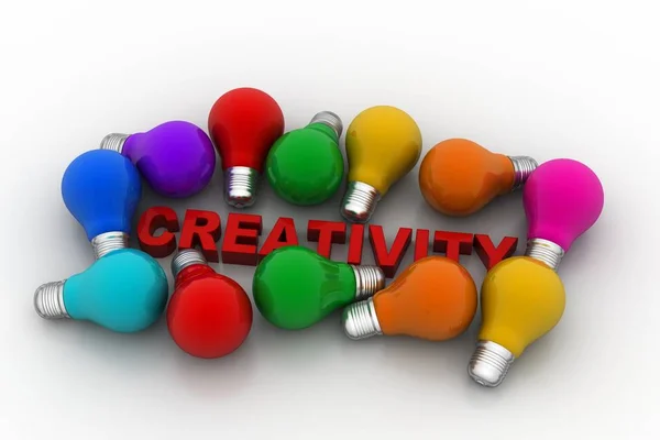 白い背景に単語の創造性を持つ色の電球 — ストック写真