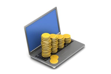 Beyaz arka planda dizüstü bilgisayar ile Altın sikke grafiği