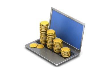 Beyaz arka planda dizüstü bilgisayar ile Altın sikke grafiği