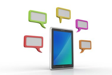 Beyaz arka planda konuşma kabarcıkları ile Tablet telefon