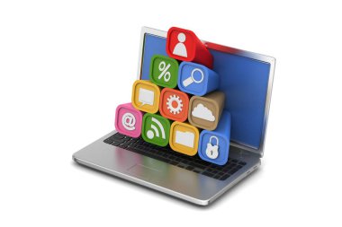 Beyaz arka planda uygulama simgeleri olan dizüstü bilgisayar