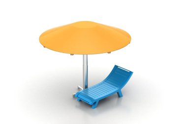 Beyaz arka planda şemsiyeli plaj sandalyesi