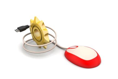 Beyaz arka planda bilgisayar faresi ile 3d dişli tekerlek