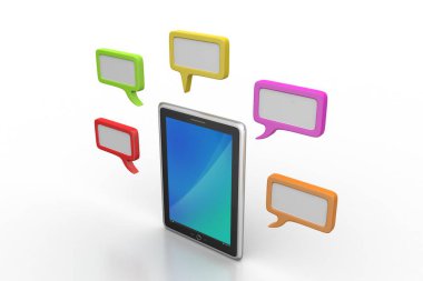 Beyaz arka planda konuşma kabarcıkları ile Tablet telefon
