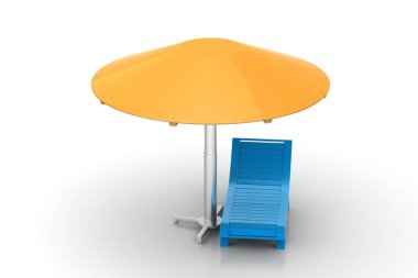 Beyaz arka planda şemsiyeli plaj sandalyesi