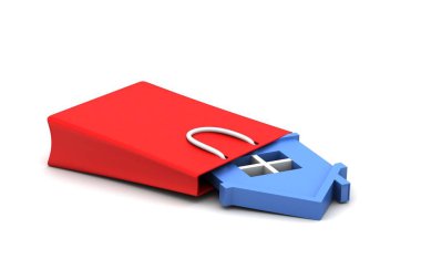 Beyaz arka planda alışveriş çantası çatı ile ev