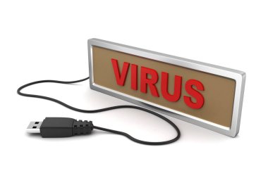 Beyaz arka planda bağlantı kablosu olan virüs
