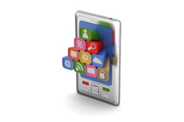 Beyaz arka planda uygulama simgeleri olan akıllı telefon