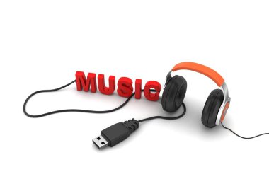 Kablo ve müzik işareti ile Kulaklık 3d render 