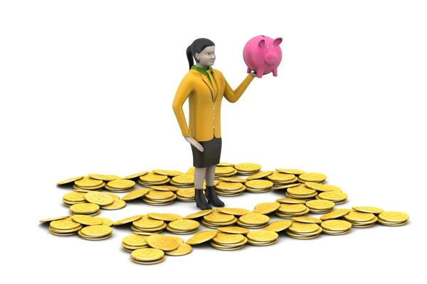 Piggy Bank Dan Wanita Dengan Koin Emas Latar Belakang Putih — Stok Foto