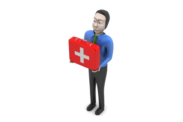 3d man with first aid box in white background