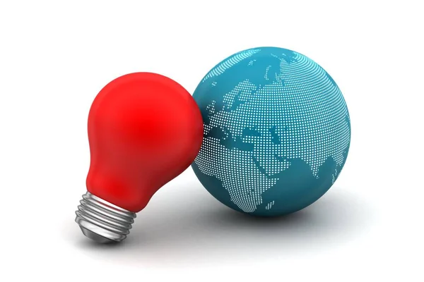 Red light bulb with earth in white background