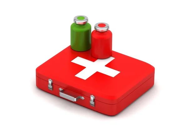 First aid box with medicine in white background