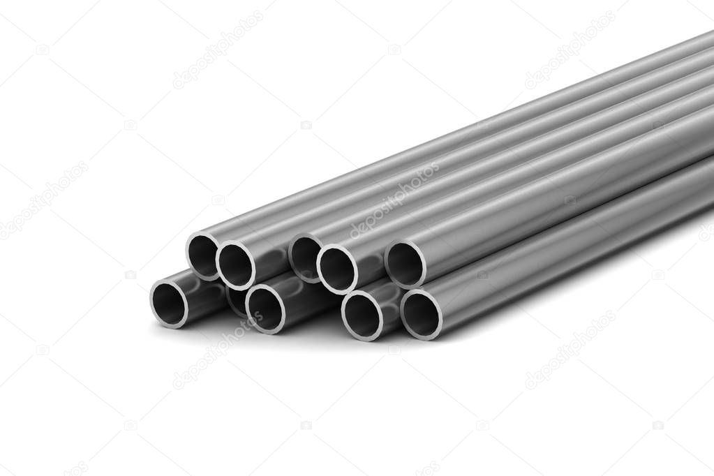 Steel metal tubes in white background