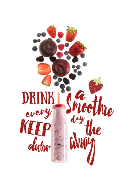 健康果実スムージー 白で隔離瓶で 飲むスムージー毎日医者を保つ とレタリング — ストック写真
