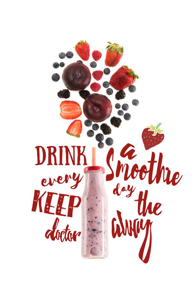 healthy berries smoothie in glass bottle isolated on white, with "drink a smoothie every day keep the doctor away" lettering 