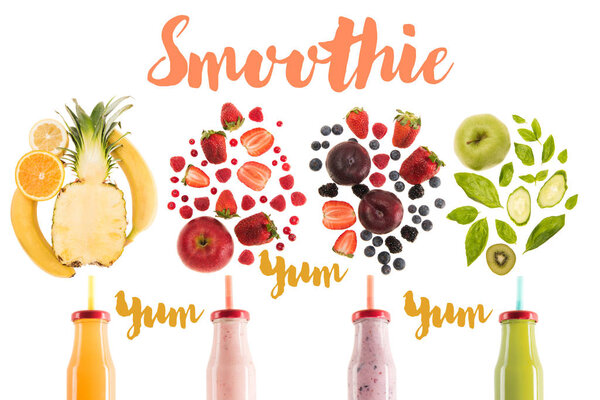 different healthy smoothies in bottles with fresh ingredients isolated on white, with "yum smoothie" lettering