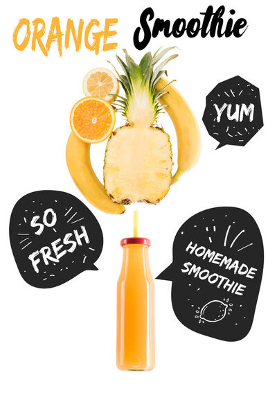 yellow healthy smoothie fruits in glass bottle isolated on white, with "homemade smoothie" and "so fresh" inspirations in speech bubbles
