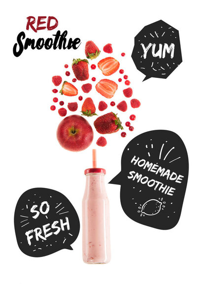 red healthy berries smoothie in glass bottle isolated on white, with "homemade smoothie" and "so fresh" inspirations in speech bubbles