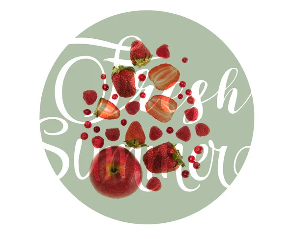 異なる有機赤い果実と果実の 新鮮な夏 のレタリングとの白で隔離 ロイヤリティフリーのストック画像