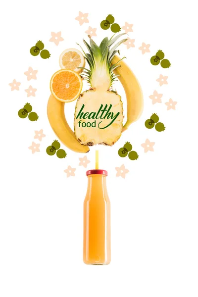 Yellow Healthy Smoothie Fruits Glass Bottle Isolated White Healthy Food Stock Picture