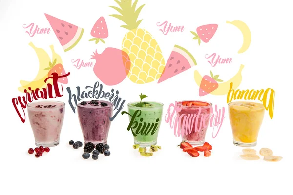 Vue Rapprochée Verres Avec Smoothies Frais Base Groseille Mûre Kiwi Images De Stock Libres De Droits