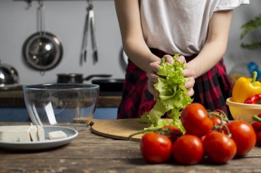Kız vejetaryen salata hazırlar, o boş bir plaka dilimlenmiş yeşillikler ekler, sağlıklı gıda pişirme, yakın çekim
