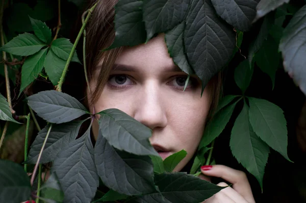 Mooi meisje in groene bladeren, portret van een aantrekkelijke vrouw in planten, schattig gezicht op een achtergrond van vegetatie, close-up — Stockfoto