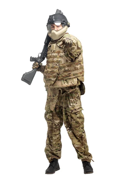 Amerikansk Kommando Uniform Med Hagelgevär Vit Isolerad Bakgrund Porträtt Soldat — Stockfoto