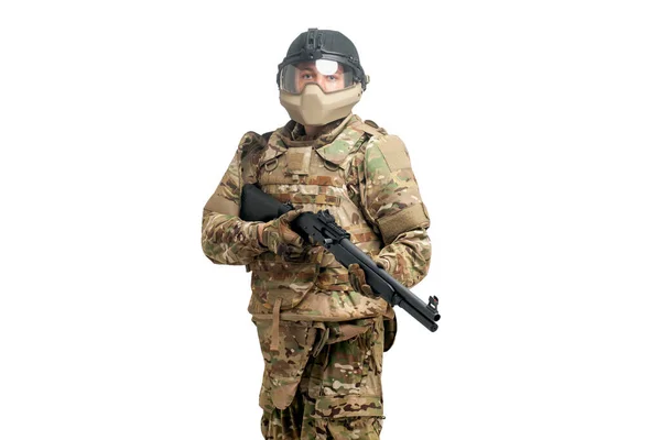 Amerikansk Kommando Uniform Med Hagelgevär Vit Isolerad Bakgrund Porträtt Soldat — Stockfoto