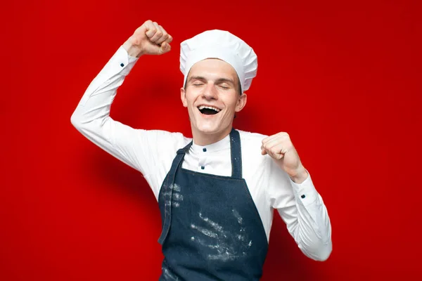 Young Happy Cook Rejoice Victory Red Isolated Background Guy Chef — Stock Photo, Image