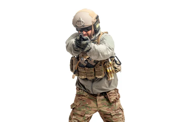 Usa Soldat Militär Kostym Med Pistol Vit Isolerad Bakgrund Amerika — Stockfoto