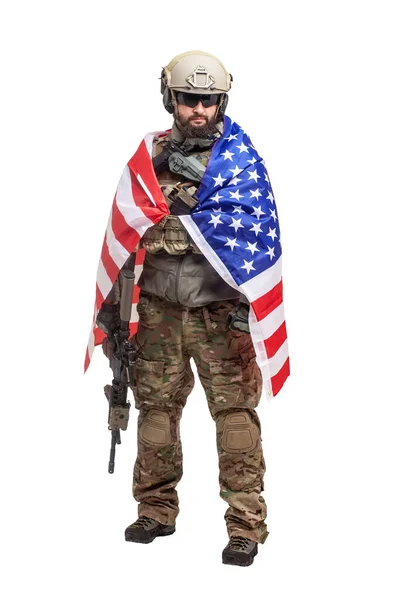 Amerikkalainen Sotilas Univormussa Usa Lippu Valkoinen Eristetty Tausta Kommando Aseita — kuvapankkivalokuva