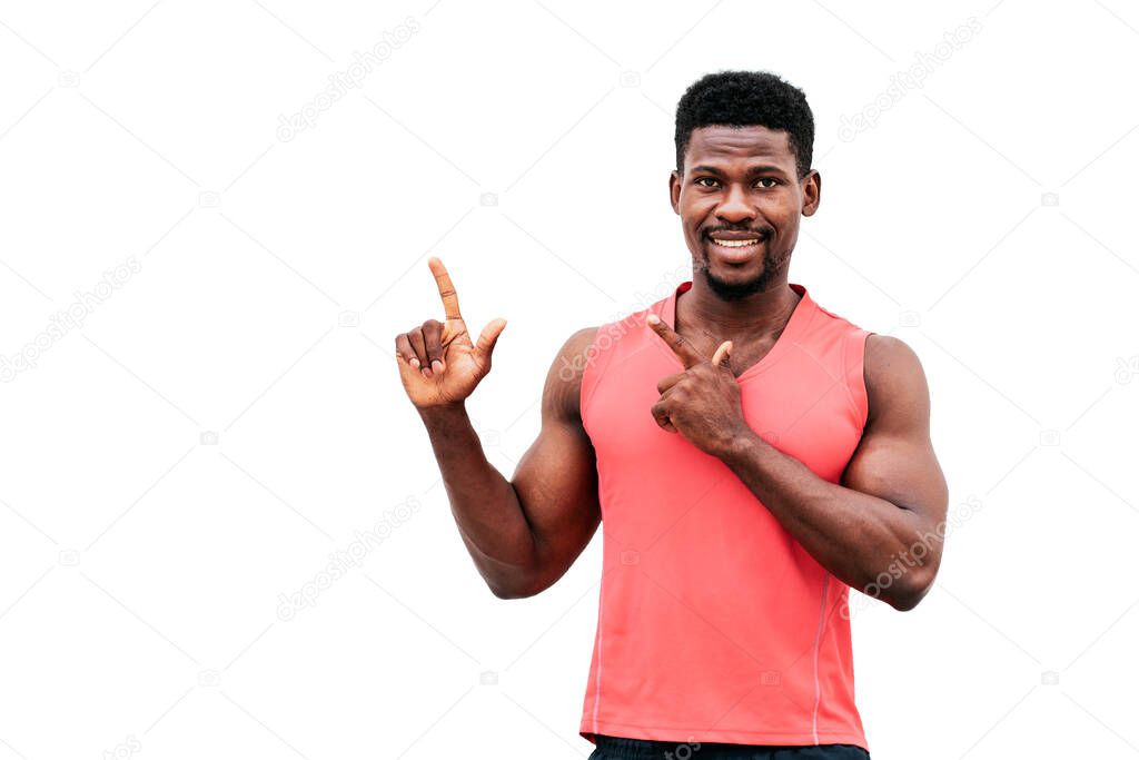 afro american sports guy shows copy space on white isolated background, athletic man advertises place for text