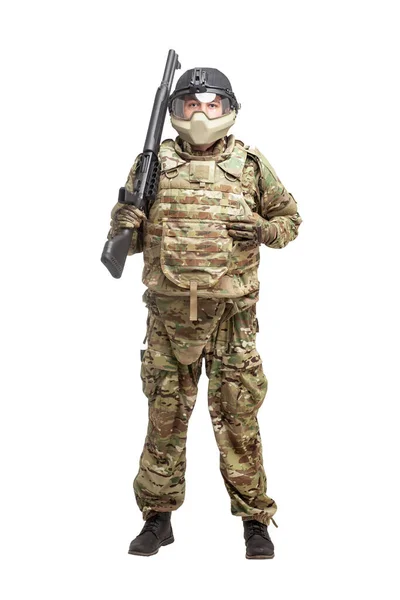 Soldat Militärischer Ausrüstung Mit Schrotflinte Auf Weißem Hintergrund Kommando Uniform — Stockfoto