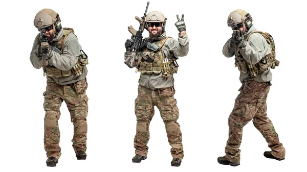 Soldat Mit Gewehr Und Militäruniform Auf Weißem Isoliertem Hintergrund Collage — Stockfoto