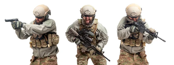 Soldado Con Fusil Uniforme Militar Sobre Fondo Blanco Aislado Collage — Foto de Stock