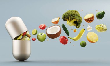 Fruits and vegetables come out of tablet, vitamins, 3d render illustration clipart