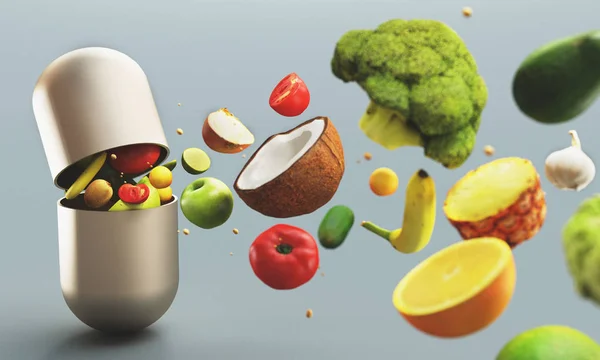 Fruits and vegetables come out of tablet, vitamins, 3d render illustration