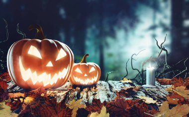 Halloween pumpkins bir ahşap ağaçlarıyla, 3d çizim render