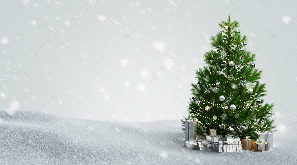 Christmas tree with gift boxes, 3d render illustration