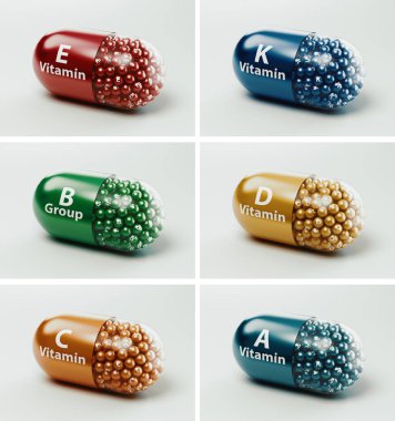 Vitamin hapları veya kapsüller, 3d render