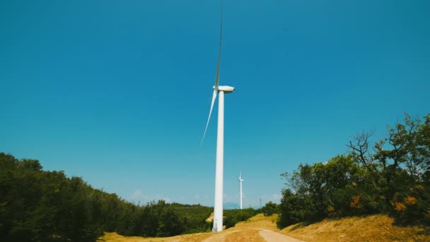 Turbinas eólicas en el hermoso y soleado parque eólico Landsape de verano . — Vídeo de stock