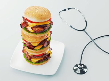 Hamburger. Fast food diyet kavramı, Kompulsif overeating ve diyet. 3d render