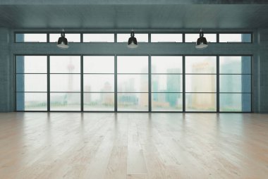 Parke ile klasik duvar iç ve modern çerçeve, boş oda, 3d render