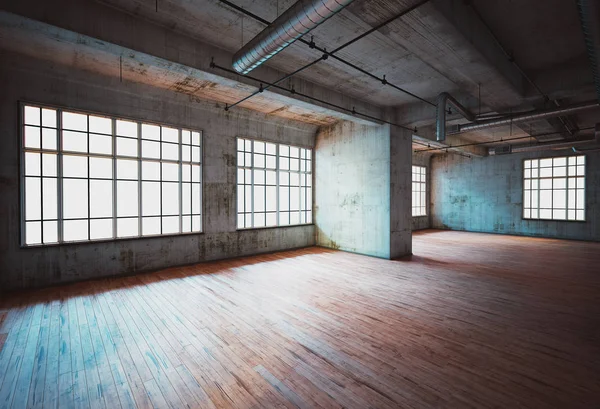 Övergiven samlingshall på skolan, skräck tomt rum, 3D-rendering — Stockfoto