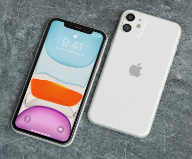 İtalya -22 Eylül 2019: Iphone 11 akıllı telefonlar masada. Iphone 11 yakın çekimde. Son Apple Mobile iphone modeli. Açıklayıcı editoryal.